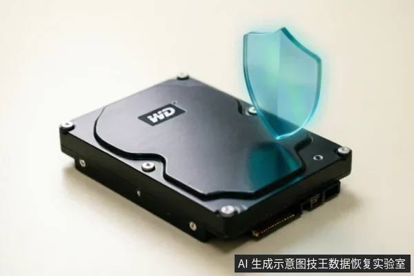 一张WD品牌机械硬盘的实物图,硬盘上方悬浮着一个发光的蓝色半透明盾牌图标,象征数据保护或安全检测。背景简洁,无其他干扰元素。
