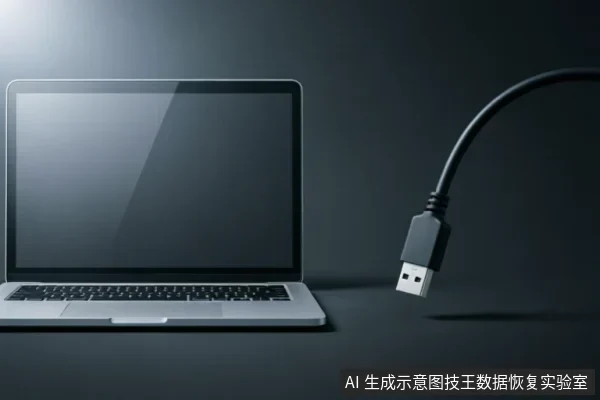 深灰色背景下,一台银色笔记本电脑打开放置在左侧,屏幕黑屏。右侧悬浮着一根黑色的USB数据线接口,悬空未连接电脑,示意硬件连接状态或通信链路中断。