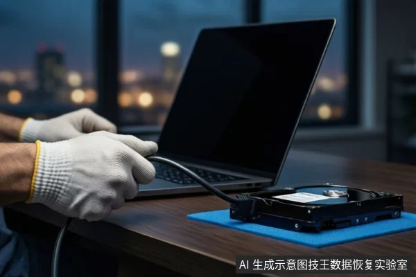 木质桌面上，戴白手套的双手正持握一根黑色数据线，将其连接至一台黑色笔记本电脑。右侧蓝色垫子上平放一块裸露的机械硬盘。背景为模糊的城市夜景。