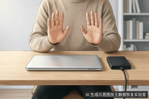 一名身穿米色毛衣的人坐在木质办公桌前,双手掌心向前举起,做出明确的“停止”手势。桌面上放置着一台闭合的银色笔记本电脑和一个连接着线缆的黑色外接硬盘盒,背景为模糊的书架。