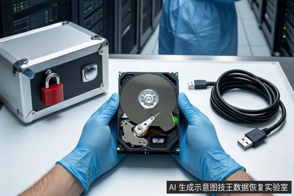 洁净室白色桌面上，戴蓝色手套的双手正持握一块打开外壳的机械硬盘，左侧为挂有红色挂锁的银色金属防震箱，右侧盘绕一根黑色USB数据线，背景可见服务器机柜和穿蓝色无尘服的人员。