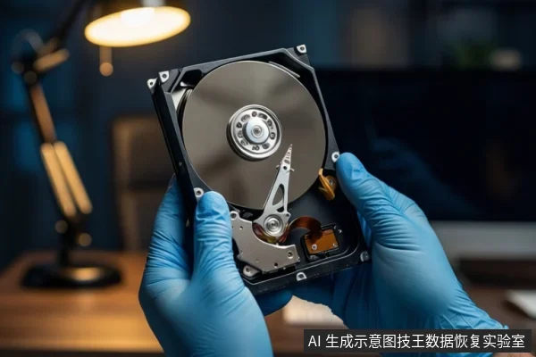 戴蓝色手套的双手在室内台灯背景下持握一块打开外壳的机械硬盘,可见盘片、主轴和磁头臂。
