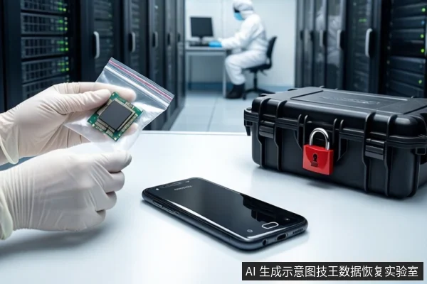 洁净室白色桌面上,前景一双戴白手套的手持透明防静电袋,袋内装有一块绿色电路板芯片。右侧平放一部黑色智能手机和一个挂有红色挂锁的黑色防震箱。背景中一名穿无尘服的技术人员坐在服务器机柜前操作电脑。