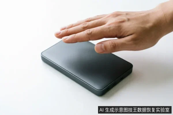 一只手掌悬停或按压在一个深灰色长方形移动硬盘上方,背景为纯白。画面展示了手与存储设备接触的动作,未显示任何屏幕文字、指示灯状态或连接线缆细节。