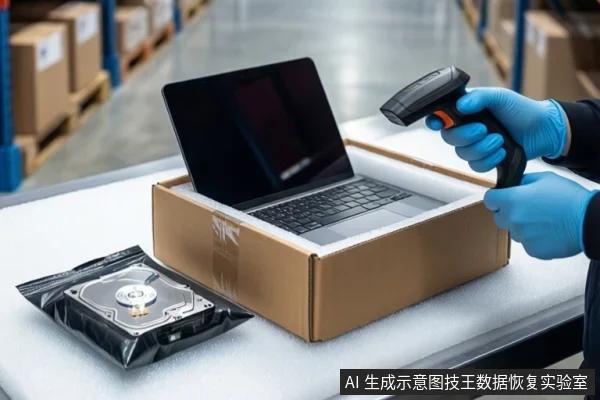 仓库传送带场景中，戴蓝色手套的双手持黑色扫码枪，对准纸箱内打开的银色笔记本电脑，旁边防静电袋内装有一块机械硬盘。