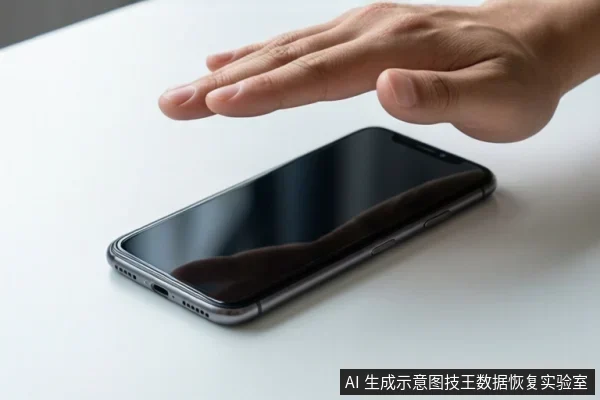 白色桌面上放着一部黑色智能手机,屏幕熄灭,一只手悬停在手机上方,手指张开,未接触设备。