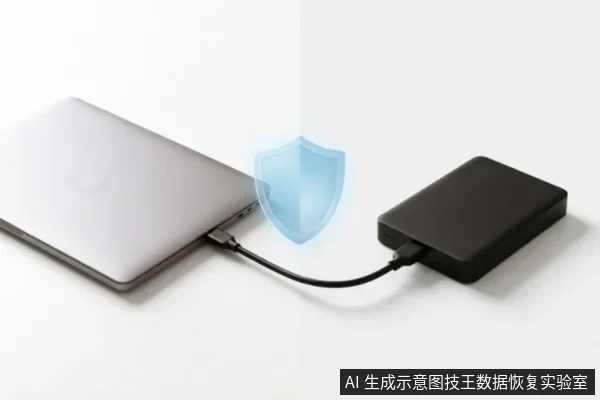 一台银色笔记本电脑通过数据线连接黑色外接硬盘盒,两者之间悬浮着一个半透明的蓝色盾牌图标,象征数据传输安全或防护。