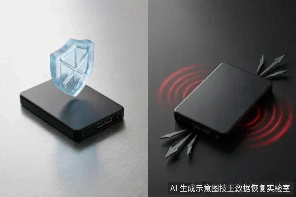 一张左右分屏的概念图。左侧展示一个黑色移动硬盘上方悬浮着蓝色透明盾牌，象征安全防护；右侧展示同一硬盘被红色波纹和箭头包围，象征遭受攻击或逻辑损坏风险。画面无文字，主体清晰。
