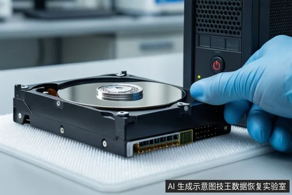 白色防静电垫上平放一块打开外壳的机械硬盘,可见盘片与接口。右侧一只戴蓝色手套的手持蓝色工具靠近硬盘,背景为模糊的实验室设备。