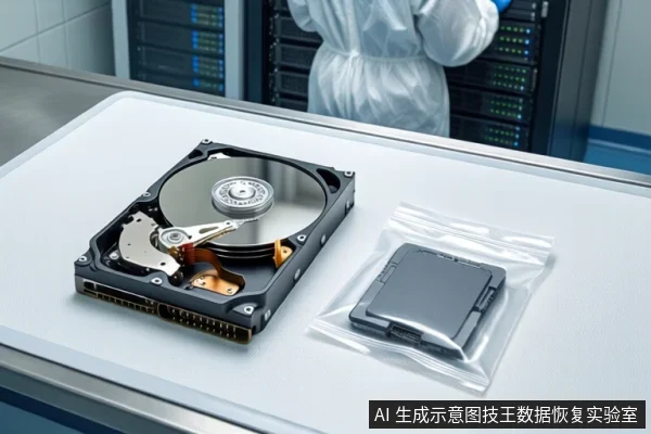 洁净室白色桌面上,左侧平放一块打开外壳的机械硬盘,右侧透明防静电袋内装有一块闭合的固态硬盘。背景中一名穿无尘服的技术人员正在操作服务器机柜。