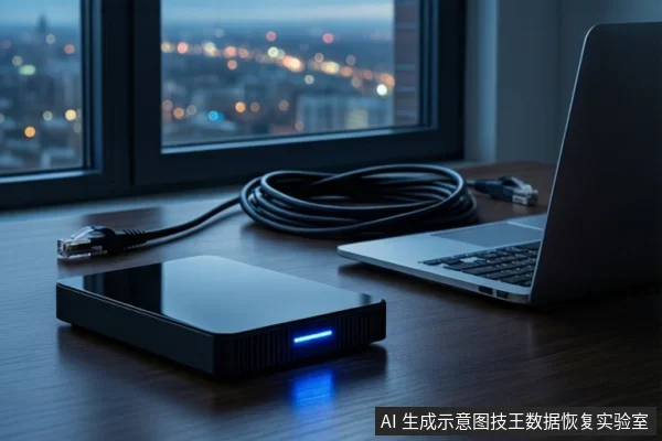 深色木桌上平放一个黑色外接硬盘盒,正面亮着蓝色指示灯。右侧有一台银色笔记本电脑,屏幕关闭。前景盘绕一根黑色网线,两端可见RJ45接口。背景是模糊的城市夜景窗户。