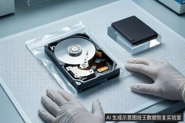 白色防静电垫上,一双戴白色手套的手平放在一块打开外壳的机械硬盘两侧,硬盘置于透明防静电袋中,右侧透明底座上平放一块黑色固态硬盘。