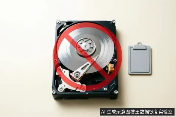 图片展示了一个打开外壳的机械硬盘,盘片和磁头清晰可见,表面覆盖着一个巨大的红色禁止符号。硬盘右侧放置着一个灰色的空白写字板夹。画面直观地传达了“停止操作”、“禁止写入”或“切勿通电”的含义,与数据恢复中保护原始介质、防止进一步损坏的主题高度契合。