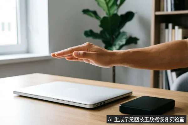 一只手掌悬停在闭合的银色笔记本电脑上方,做出停止或拒绝的手势。桌面上放置着一个黑色的外接硬盘盒,背景为模糊的书架和绿植,示意在硬盘故障时立即停止通电操作。