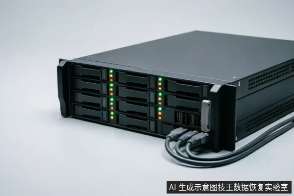 一台黑色的多盘位硬盘阵列柜,前面板显示有多排绿色和橙色的状态指示灯。设备右侧接口处连接着三根黑色的数据线或电源线,背景为纯净的灰白色,无其他杂物。
