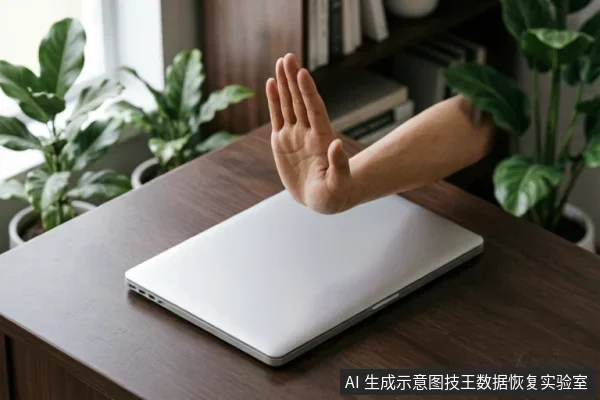 一只悬空的手掌在闭合的银色笔记本电脑上方做出“停止”手势,示意暂停操作。背景为木质桌面和绿植,画面传达出在数据恢复或硬件故障处理中及时止损、禁止写入的核心概念。