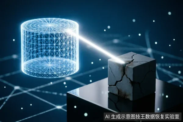 画面展示了一个发光的蓝色线框圆柱体向一个表面布满裂纹的灰色立方体发射光束。背景为深蓝色的数字化网格空间,象征数字数据与物理介质受损之间的关联或修复过程。