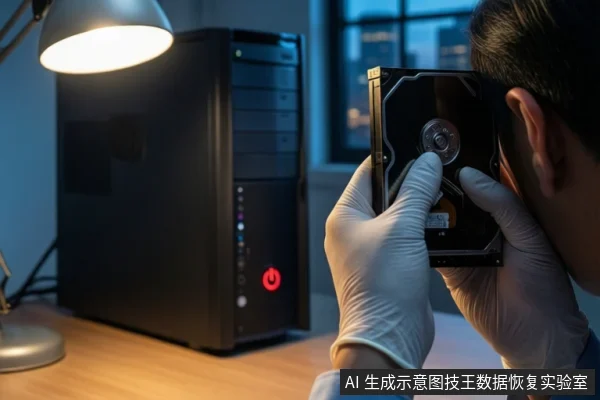 木质桌面上,左侧竖立一台黑色塔式主机,电源按钮亮红灯。前景一双戴白手套的手持握一块打开外壳的机械硬盘,贴近面部观察。背景为模糊的窗户。