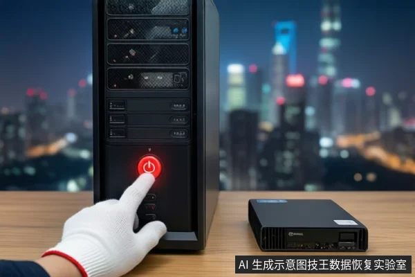木质桌面上,一只戴白色手套的手正按压黑色塔式主机的红色电源按钮,右侧平放一个黑色外接硬盘盒,背景为模糊的城市夜景。