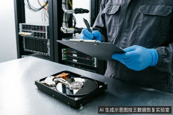 一名身穿工装、戴着蓝色手套的技术人员手持写字板和笔，正在对桌面上已打开外壳的机械硬盘进行检查记录。背景为服务器机柜，展示了数据恢复或硬件检测的专业环境。