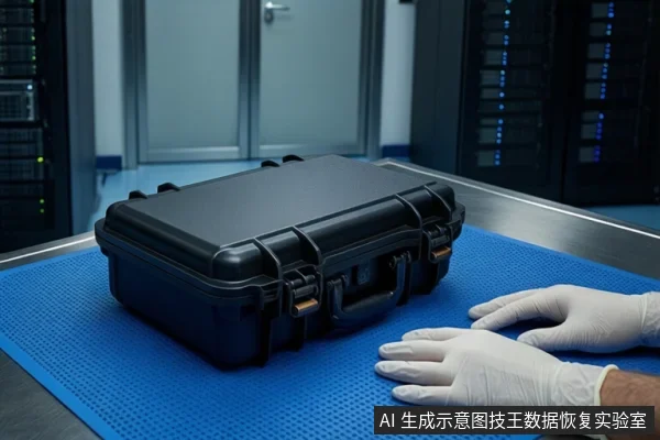 蓝色防静电垫上平放一个闭合的黑色防震箱,右侧一双戴白色手套的手平放在垫子上。背景可见模糊的服务器机柜。
