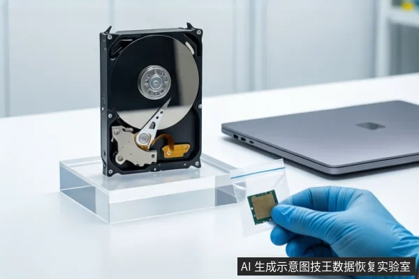 白色桌面上,左侧透明底座上竖立一块打开外壳的机械硬盘,右侧是一台银色笔记本电脑。前景一双戴蓝色手套的手正持握一个装有方形芯片的透明防静电袋。