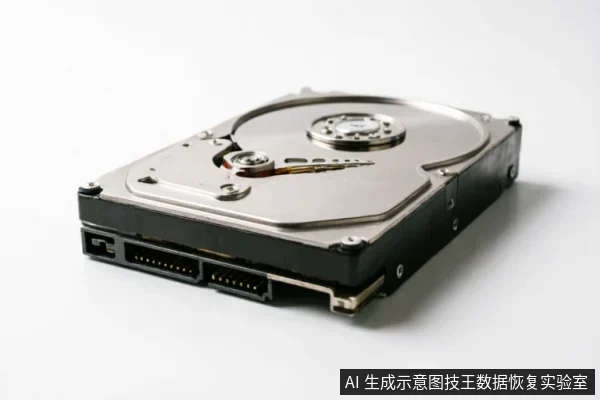画面展示了一个放置在纯白背景上的机械硬盘,顶盖已移除,清晰可见内部的金属磁盘、居中的主轴以及悬停在盘面上方的读写磁头臂。硬盘底部的SATA数据接口与电源接口完整暴露,无连接线缆,呈现设备内部结构的静态特写。