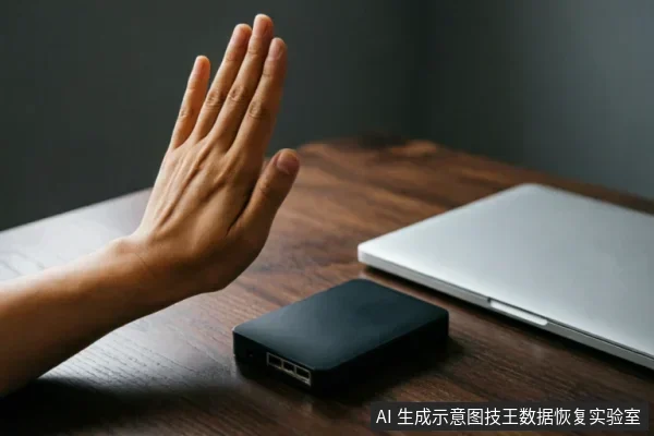 一只手掌在木质桌面上做出停止的手势,掌心向外。手前方放置着一个黑色的移动硬盘盒,右侧是一台闭合的银色笔记本电脑。画面直观传达了在遇到存储设备故障时立即停止通电和操作的含义。