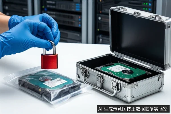 白色桌面上,前景一双戴蓝色手套的手持红色挂锁悬停在透明袋装机械硬盘上方。右侧打开的银色金属防震箱内平放一块打开外壳的机械硬盘。背景为模糊的服务器机柜。