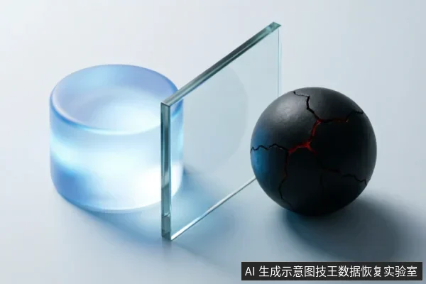 画面展示了一个发光的蓝色圆柱体、一块透明玻璃板和一个表面带有红色裂纹的黑色球体。玻璃板将发光体与黑球隔开,象征物理界限或障碍,隐喻远程手段无法触及核心硬件故障,需依赖线下专业介入。