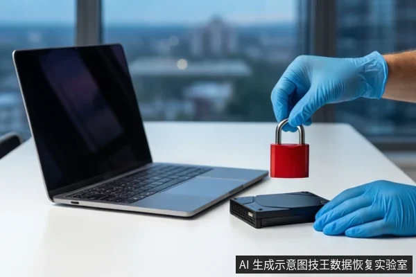 白色桌面上左侧有一台银色笔记本电脑,中间平放一个黑色外接硬盘盒。右侧一只戴蓝色手套的手持红色挂锁悬停在硬盘盒上方,另一只戴蓝色手套的手扶在桌面边缘。背景是模糊的城市建筑窗户。