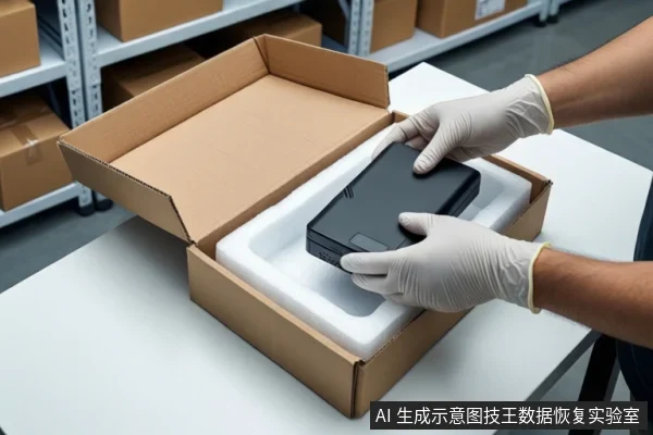 仓库环境中,白色桌面上放置一个打开的纸箱,箱内有白色泡沫。一双戴白色手套的手正握持一块黑色硬盘,准备放入泡沫中。背景可见货架和纸箱。