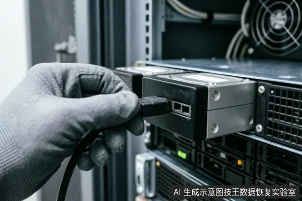 一只戴着灰色防静电手套的手,正在将一根黑色SATA数据线插入安装在服务器机架上的硬盘托架接口中。背景可见机架结构及散热风扇,展示了检查物理连接的操作场景。