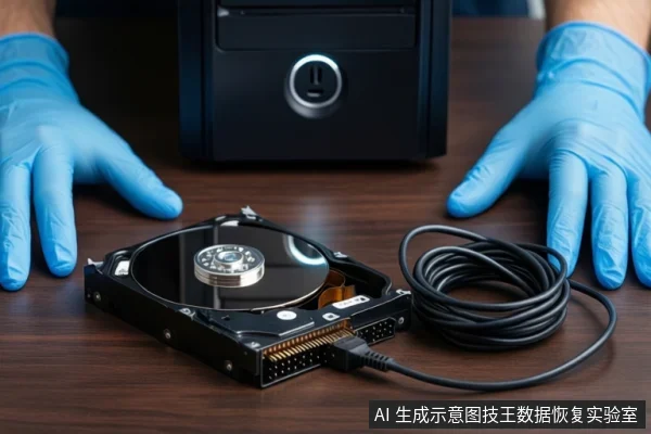 木质桌面上,一双戴蓝色手套的手平放在一块打开外壳的机械硬盘两侧,硬盘连接着黑色线缆,背景是一台黑色塔式主机。