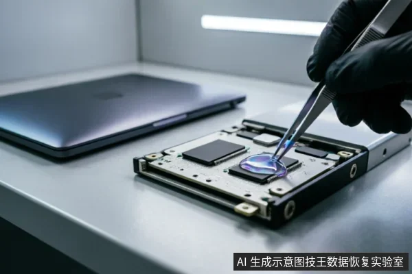 A gloved technician uses tweezers to manipulate a component on an exposed hard drive circuit board in a cleanroom, with a laptop in the background.