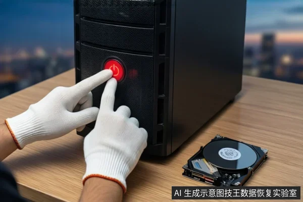 木质桌面上,戴白手套的双手正按压黑色塔式主机正面的红色电源按钮,右侧平放一块打开外壳的机械硬盘,背景为模糊的城市夜景。
