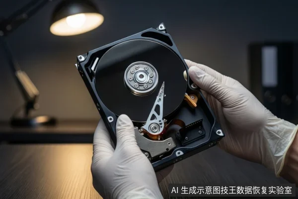 深色桌面上,前景一双戴白手套的手持握一块打开外壳的机械硬盘,露出盘片与磁头组件。背景左侧有一盏亮着的台灯,右侧为模糊的深色环境。