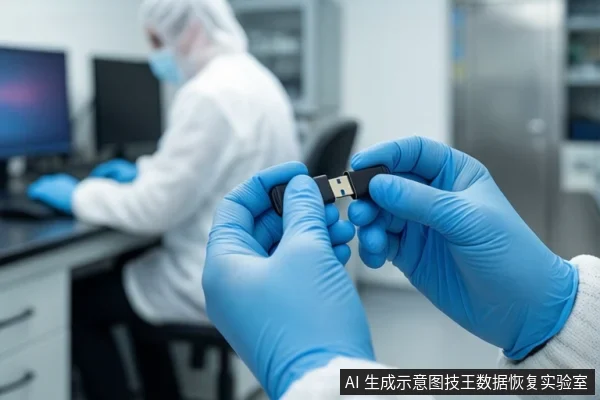 前景中一双戴蓝色手套的手正握持一个黑色USB闪存盘,背景为模糊的实验室环境,可见一名身穿白色无尘服的技术人员正在操作电脑。