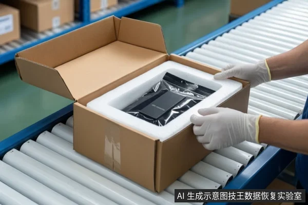 仓库传送带场景中,一个打开的棕色纸箱放置在白色滚筒上,箱内白色防震泡沫中固定着一块黑色固态硬盘。一双戴白色手套的手正扶握纸箱两侧。背景可见货架和堆叠的纸箱。
