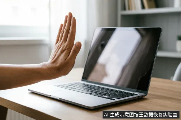 一只手掌在笔记本电脑屏幕前做出明显的“停止”手势,示意拒绝或中断操作。电脑放置在木质桌面上,背景模糊,强调对设备操作的制止与谨慎态度。