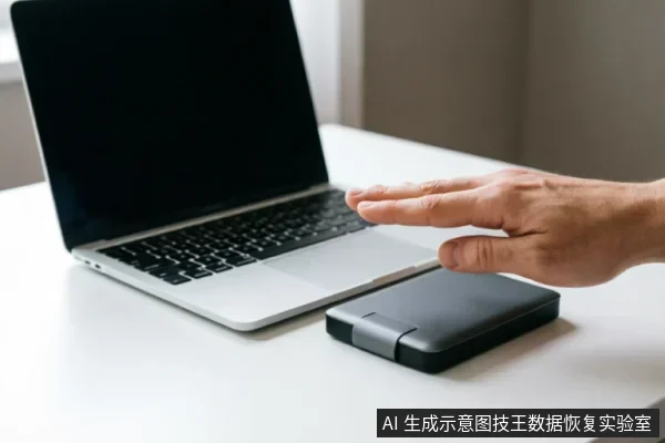 白色桌面上放置着一台银色笔记本电脑和一个黑色移动硬盘,一只手悬停在设备上方,掌心向下做出停止或拒绝的手势,示意立即停止操作。
