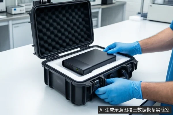 白色桌面上,一个打开的黑色防震箱内白色泡沫中固定着一块黑色固态硬盘。一双戴蓝色手套的手正扶握防震箱边缘。背景为模糊的实验室环境。
