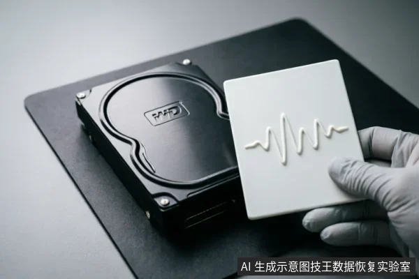 一只戴着灰色防静电手套的手持握一块印有白色波形图案的白色矩形设备,旁边放置着一块黑色的机械硬盘,背景为深色操作台。
