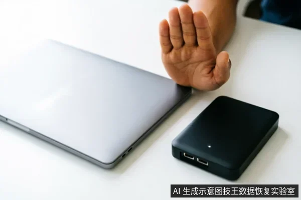 白色桌面上放置着一台闭合的银色笔记本电脑和一个黑色移动硬盘。一只手从右侧伸出，手掌张开挡在设备前方，做出明确的停止或拒绝手势，示意不要操作或通电。