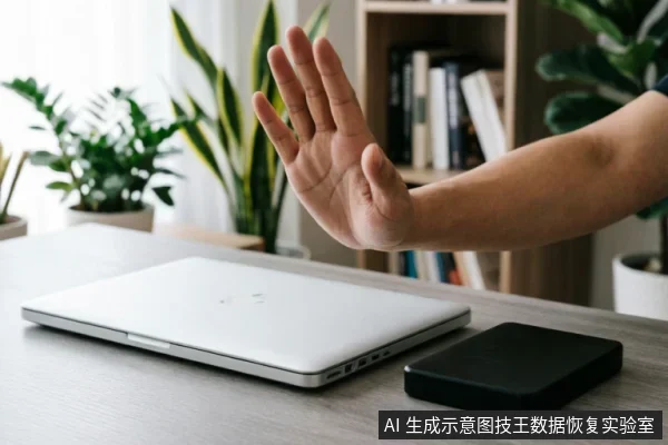 一只手掌向前伸出，做出明确的停止手势，示意暂停操作。前景桌面上放置着一台闭合的银色笔记本电脑和一个黑色的移动硬盘，背景为模糊的书架与绿植。画面直观传达了在硬盘故障时立即停止读写、避免二次破坏的核心原则。