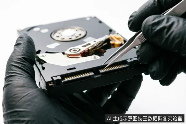 戴着黑色防静电手套的双手正在操作一块已打开外壳的机械硬盘。左手托举盘体,右手使用金属镊子精细触碰底部的SATA数据与电源接口针脚,展示硬件内部排查或维修场景。