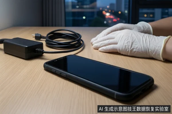 木质桌面上平放一部黑屏智能手机,左侧盘绕着黑色充电线和电源适配器。右侧一双戴白色手套的手平放在桌面上,背景为模糊的窗户和城市夜景。