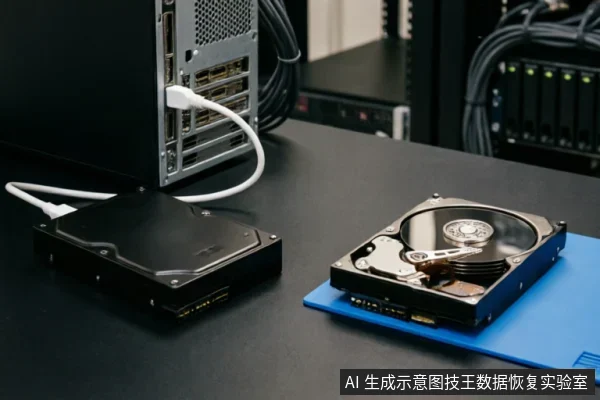 黑色工作台上放置着两块机械硬盘,右侧一块已打开外壳露出磁盘与磁头组件,置于蓝色防静电垫上;左侧硬盘连接白色数据线接入主机背面接口。背景可见服务器机柜与线缆,呈现专业数据恢复检测环境。