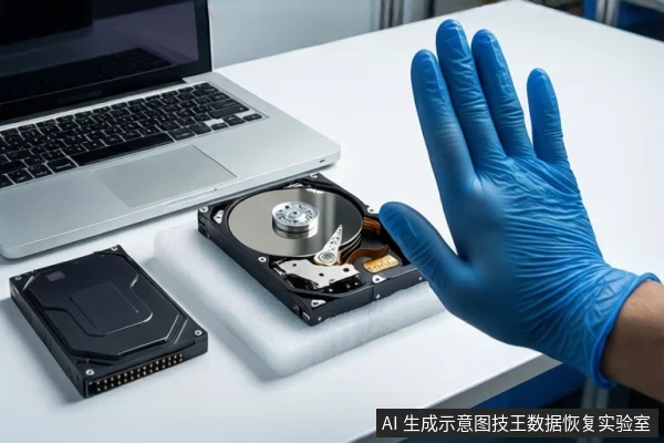 白色桌面上,左侧是一台银色笔记本电脑,中间是一个黑色外接硬盘盒,右侧是一双戴蓝色手套的手持握一部黑色智能手机。背景中有一个棕色纸箱。