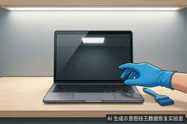 一只戴着蓝色防护手套的手悬停在打开的笔记本电脑旁,桌面上放着一把蓝色清洁刷。画面展示了在专业防护环境下对电脑设备进行物理检查或清洁的场景,强调了操作环境的洁净与规范。